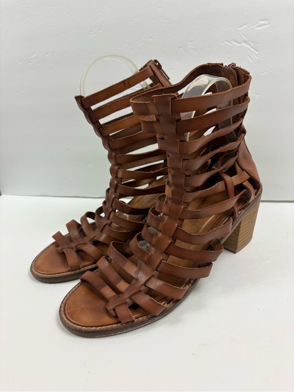 Sixtyseven Brown Leather Gladiator Sandals Block Heel Made in Spain Womens Sz 40